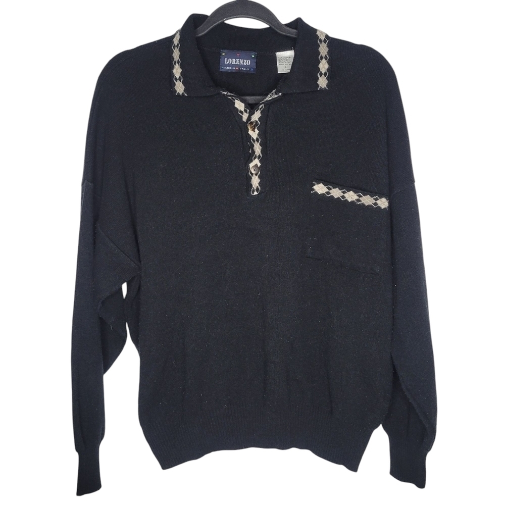 Vintage 90s Lorenzo Made in Italy Collared Sweater in Black Cream Size Large